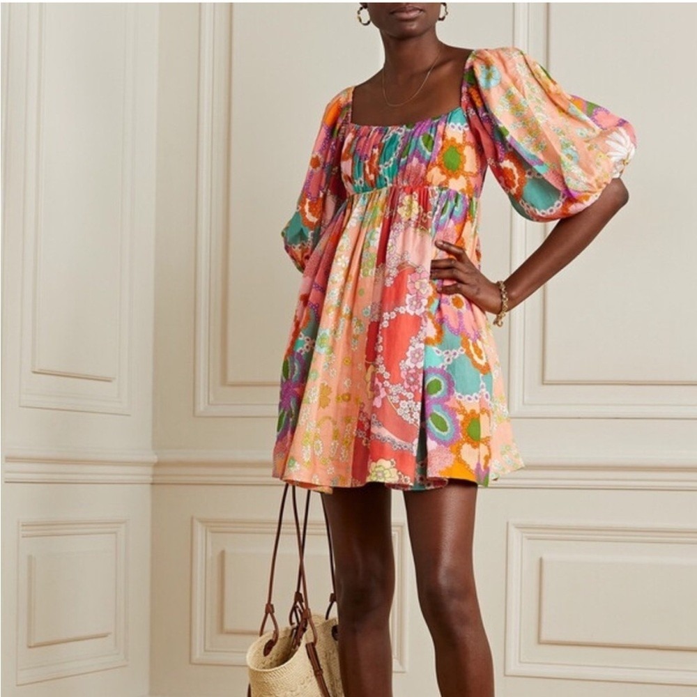 Zimmermann Lola Patchwork Floral Linen Mini Dress Puff Sleeve Size 0 US 4 $750